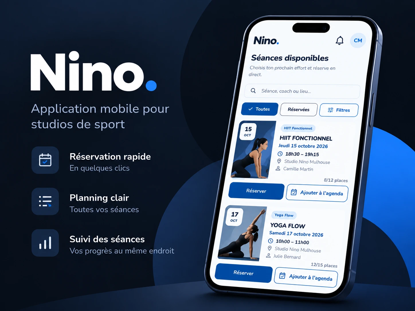 Mockup de l'application mobile Nino Studio : aperçu des séances et réservations sportives