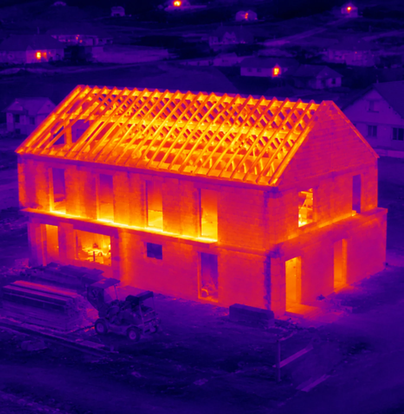 Maison en construction observée en thermographie pour le suivi de chantier