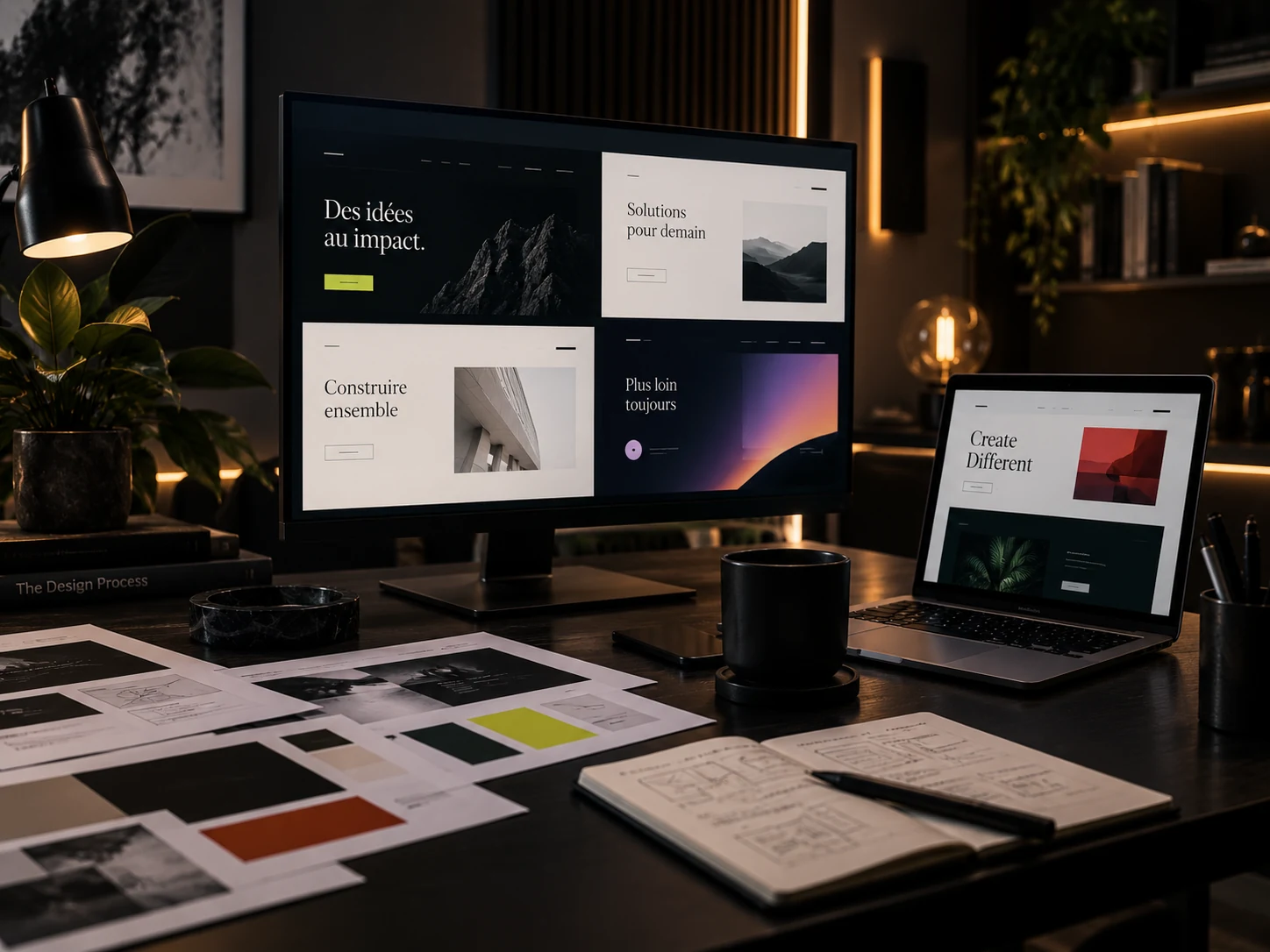 Bureau créatif avec interfaces hétérogènes et compositions contrastées, pour illustrer un design devenu incohérent.