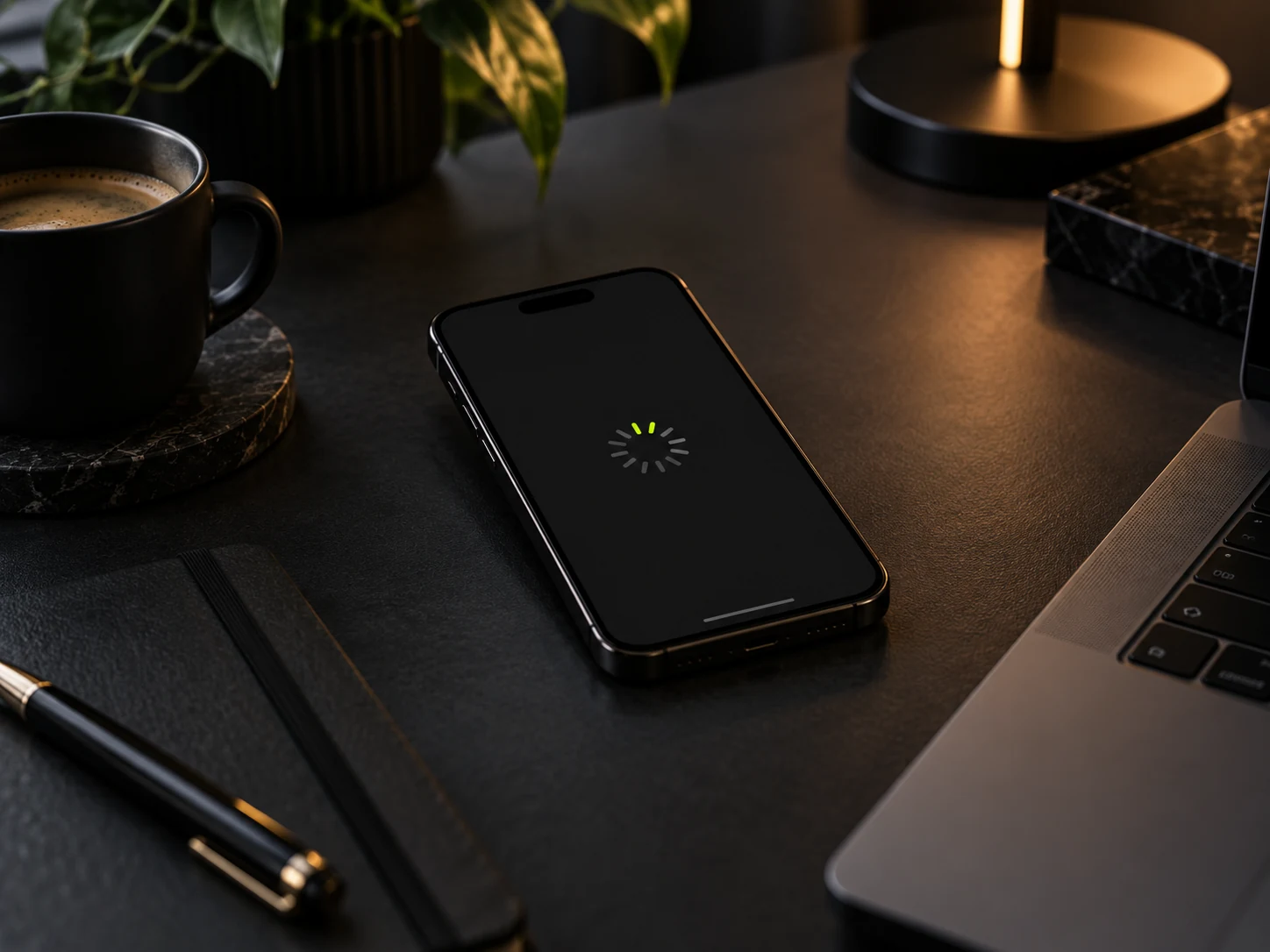 Smartphone posé sur un bureau sombre avec un indicateur de chargement, pour illustrer un site lent sur mobile.