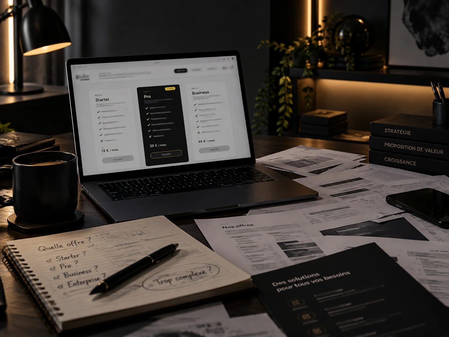 Ordinateur et documents d’offres étalés sur un bureau, pour illustrer une offre difficile à comprendre.