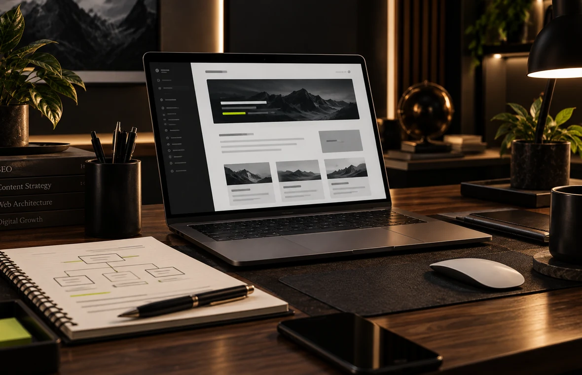 Bureau structuré avec ordinateur, schéma de contenu et carnet, illustrant une base plus solide.