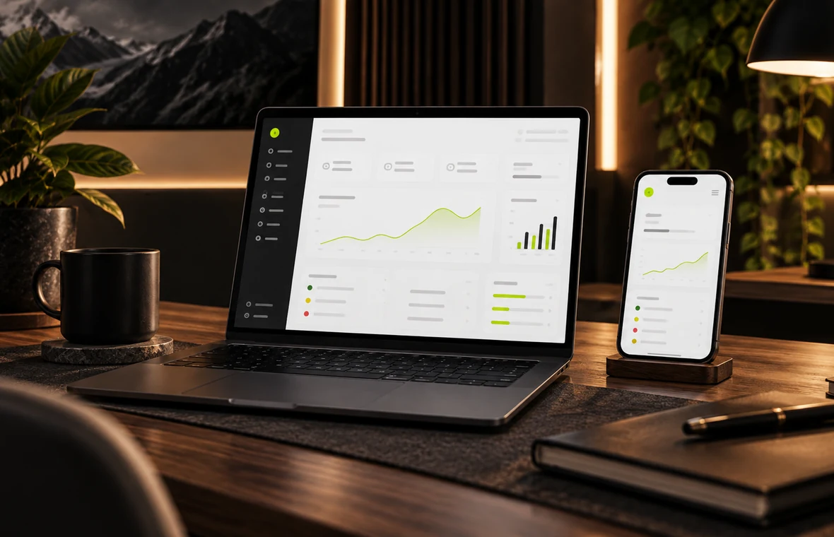 Espace de travail chaleureux avec ordinateur portable et smartphone, pour illustrer un parcours plus agréable sur desktop et mobile.