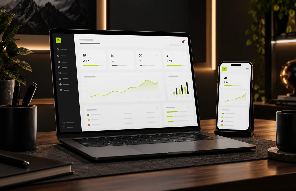 Dashboard web clair affiché sur ordinateur portable et smartphone, pour illustrer un site plus lisible.