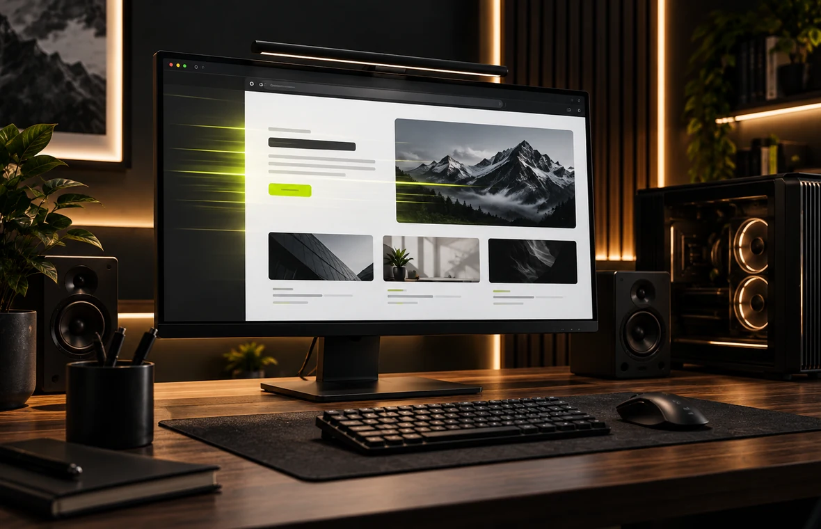 Poste de travail high-tech avec interface web dynamique, pour symboliser un site plus rapide et plus réactif.