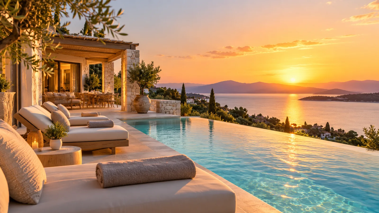 Terrasse et piscine d’un hébergement avec vue sur la mer, illustration du secteur tourisme